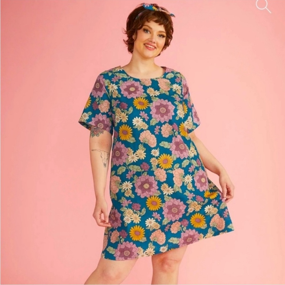 ModCloth x Princess Highway Floral linen Shift Dress blue orange US10 Retro Boho